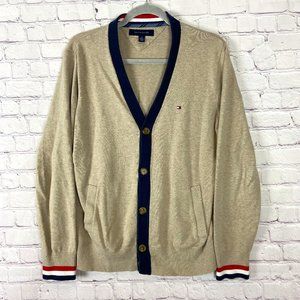 Tommy Hilfiger Men's Camel with Blue details Cardigan. Size Medium